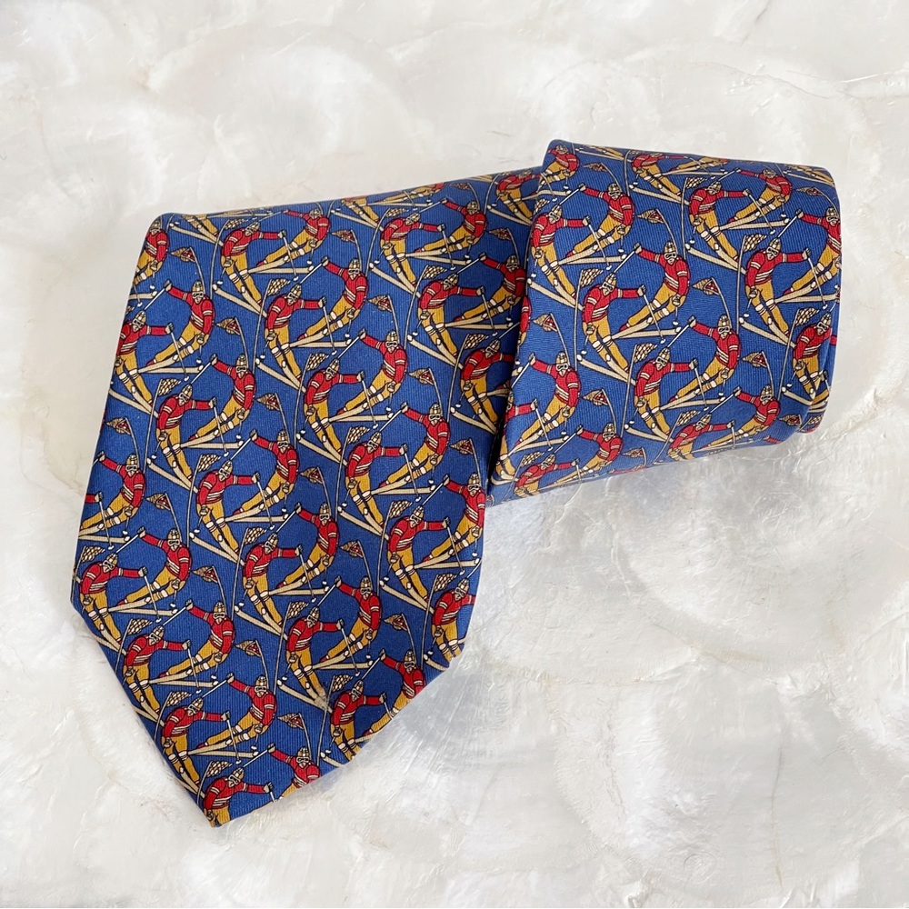 Ferragamo Blue Gold Vintage Skier Mens Silk Tie Italy